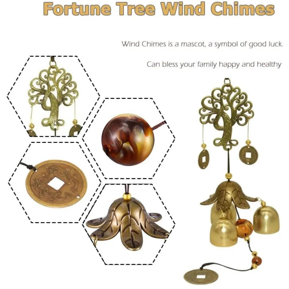 Classic Brass Feng Shui Wind Chime — Tree of Life & Fortune Coins